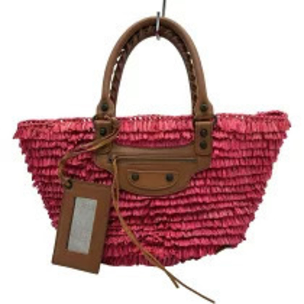 Balenciaga Straw Tan Handbag Pink Brown Raffia Leather